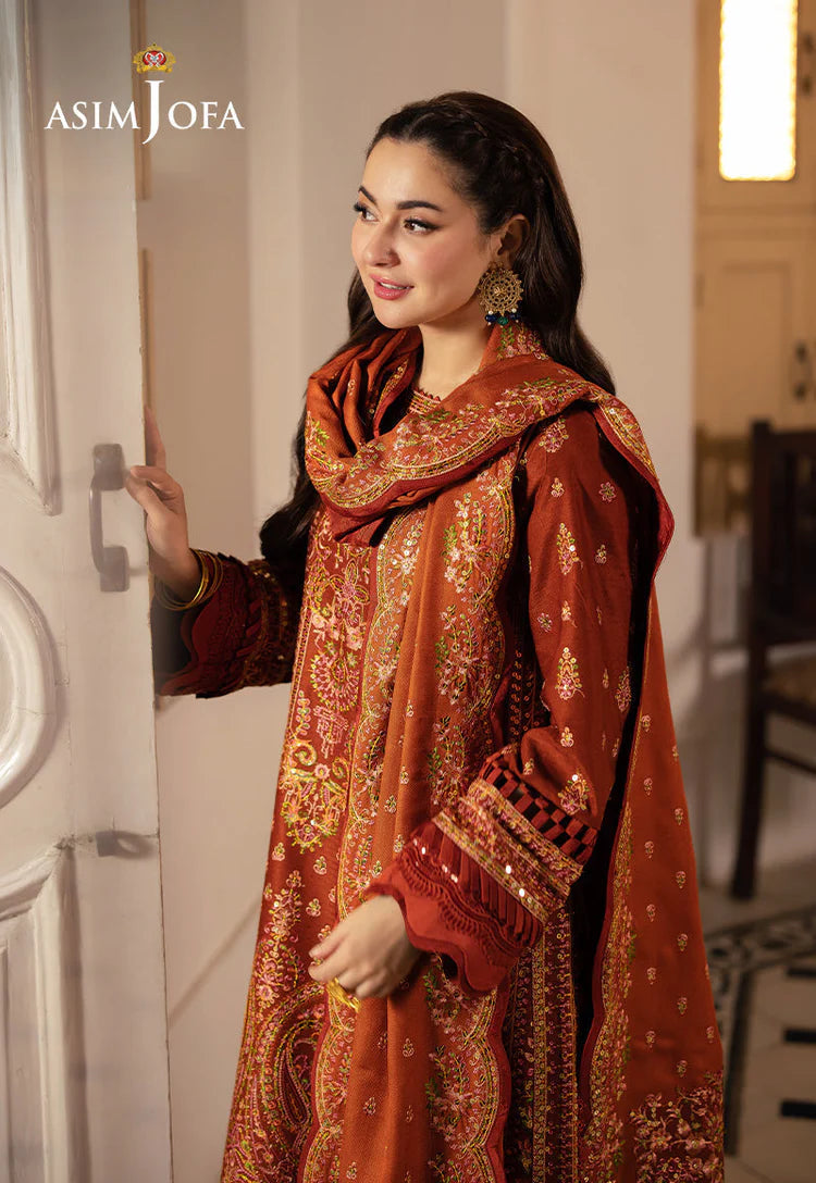Asim Jofa-3pc Dhanak Sequin Embroidered Shirt With Dhanak Embroidered Shawl And Trouser -Adr-4330