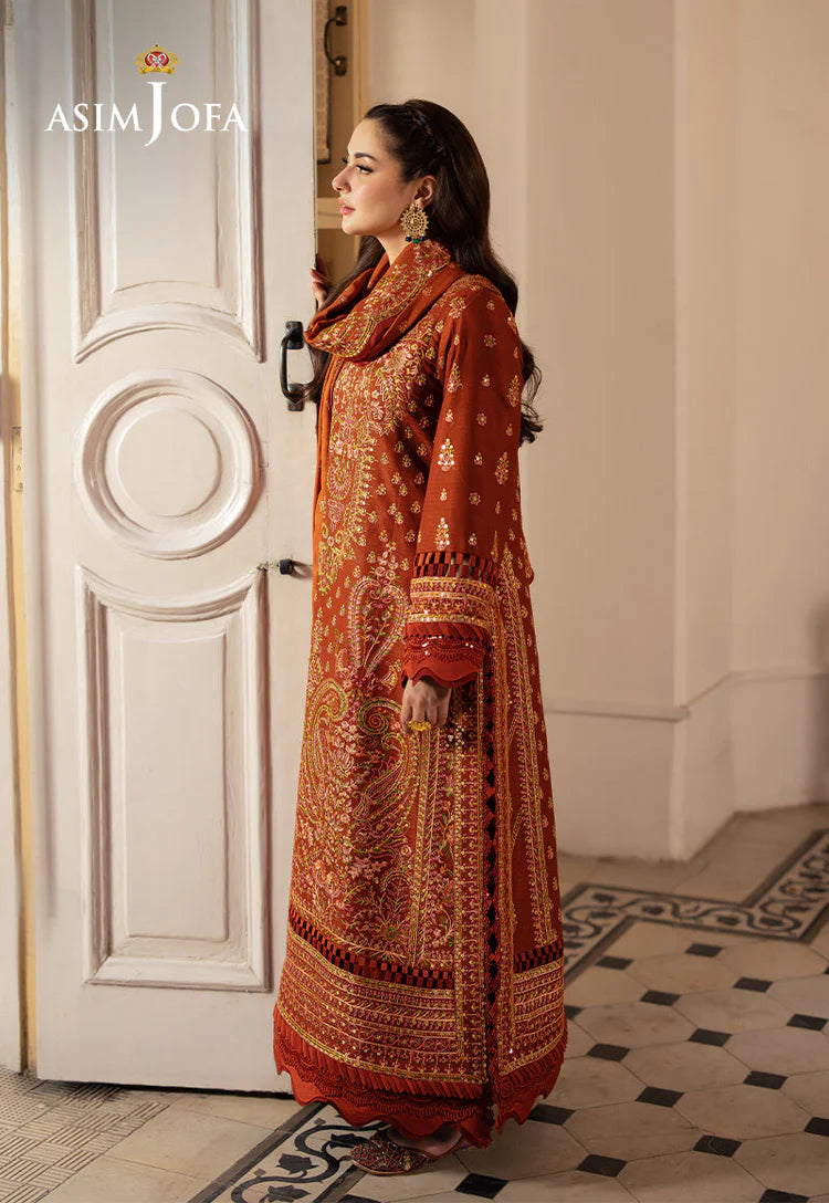 Asim Jofa-3pc Dhanak Sequin Embroidered Shirt With Dhanak Embroidered Shawl And Trouser -Adr-4330