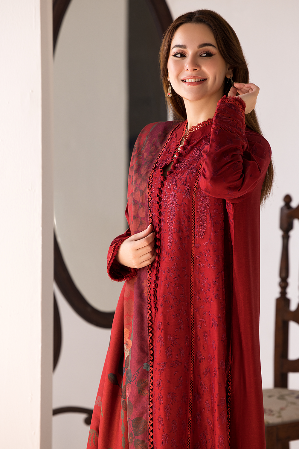 3PC DHANAK EMBROIDERED SHIRT WITH TWILL PRINTED SHAWL AND TROUSER-688