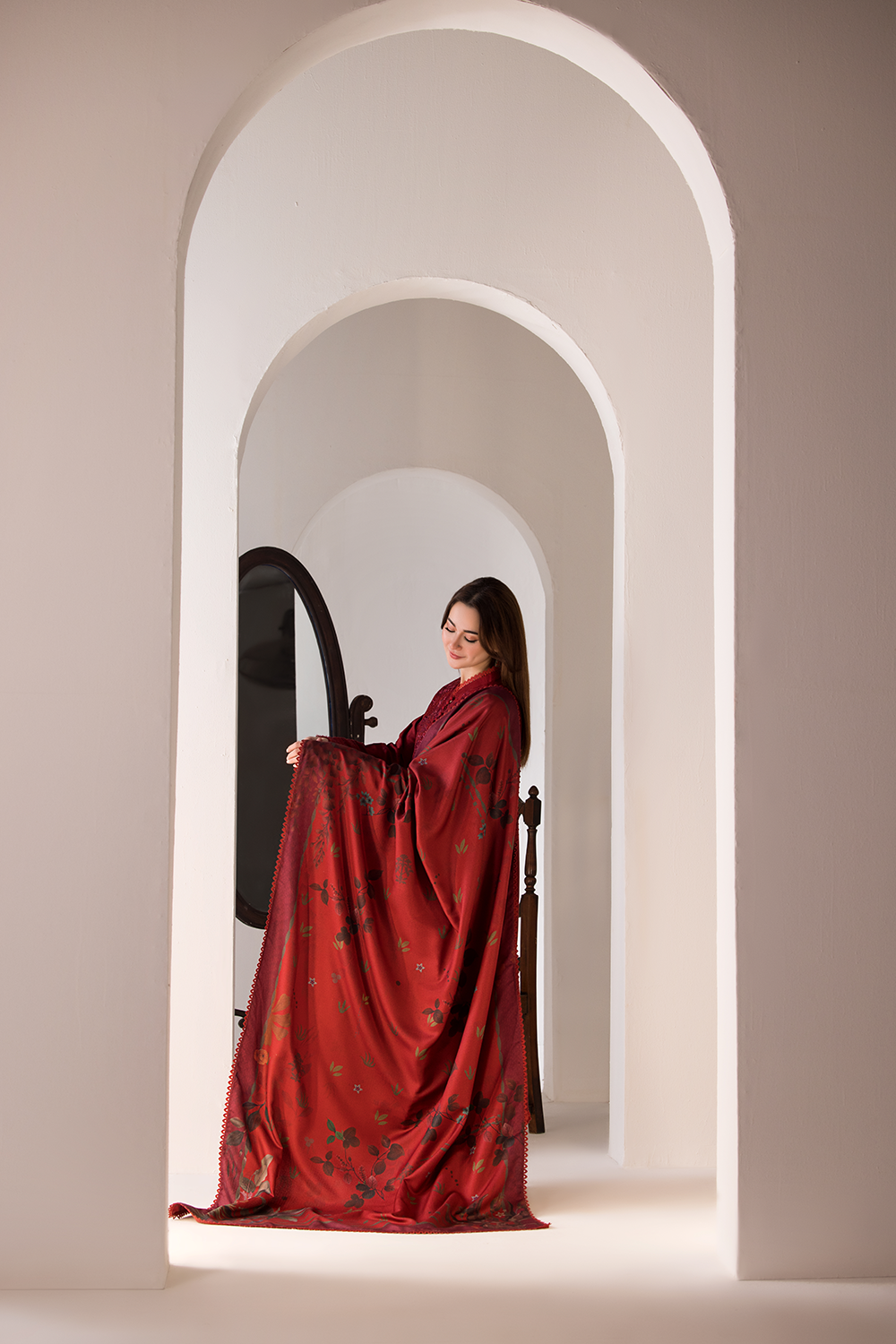 3PC DHANAK EMBROIDERED SHIRT WITH TWILL PRINTED SHAWL AND TROUSER-688