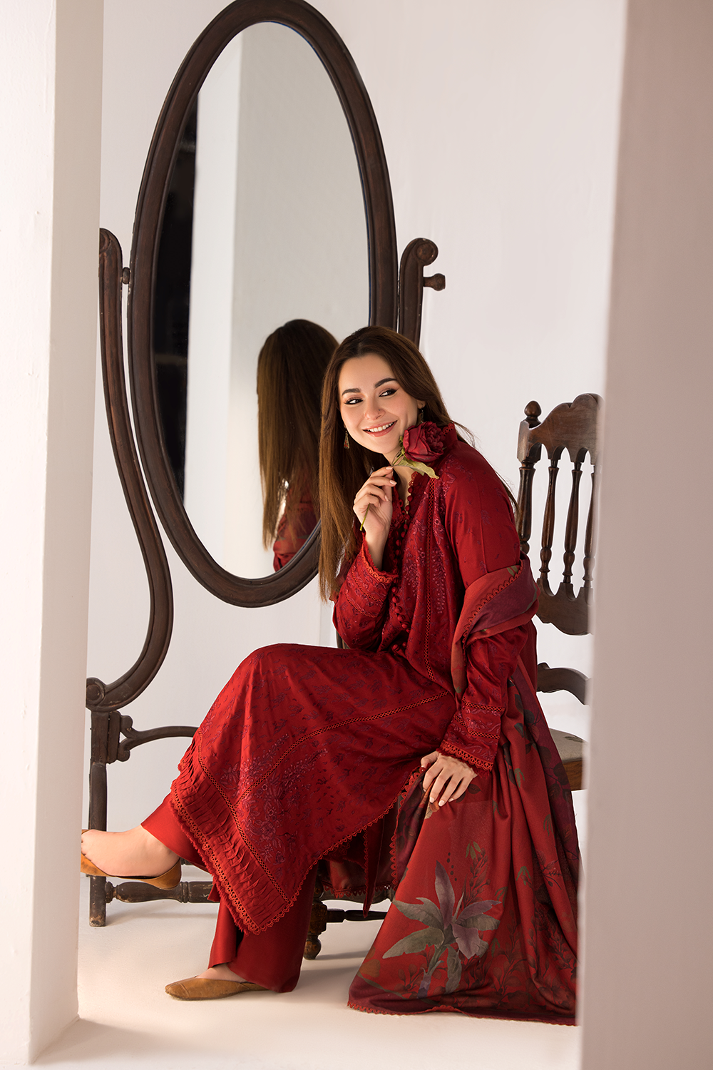 3PC DHANAK EMBROIDERED SHIRT WITH TWILL PRINTED SHAWL AND TROUSER-688