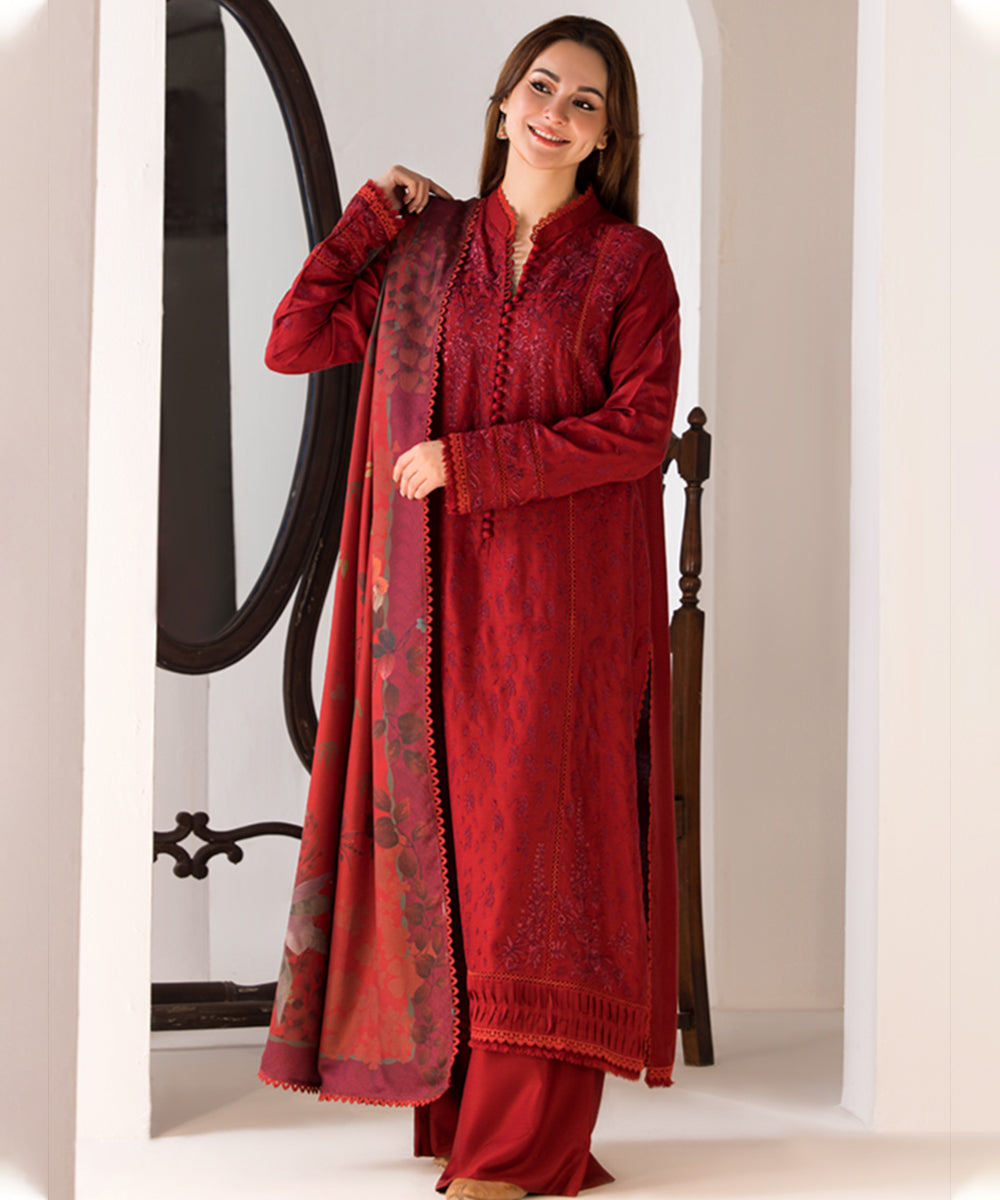 3PC DHANAK EMBROIDERED SHIRT WITH TWILL PRINTED SHAWL AND TROUSER-688