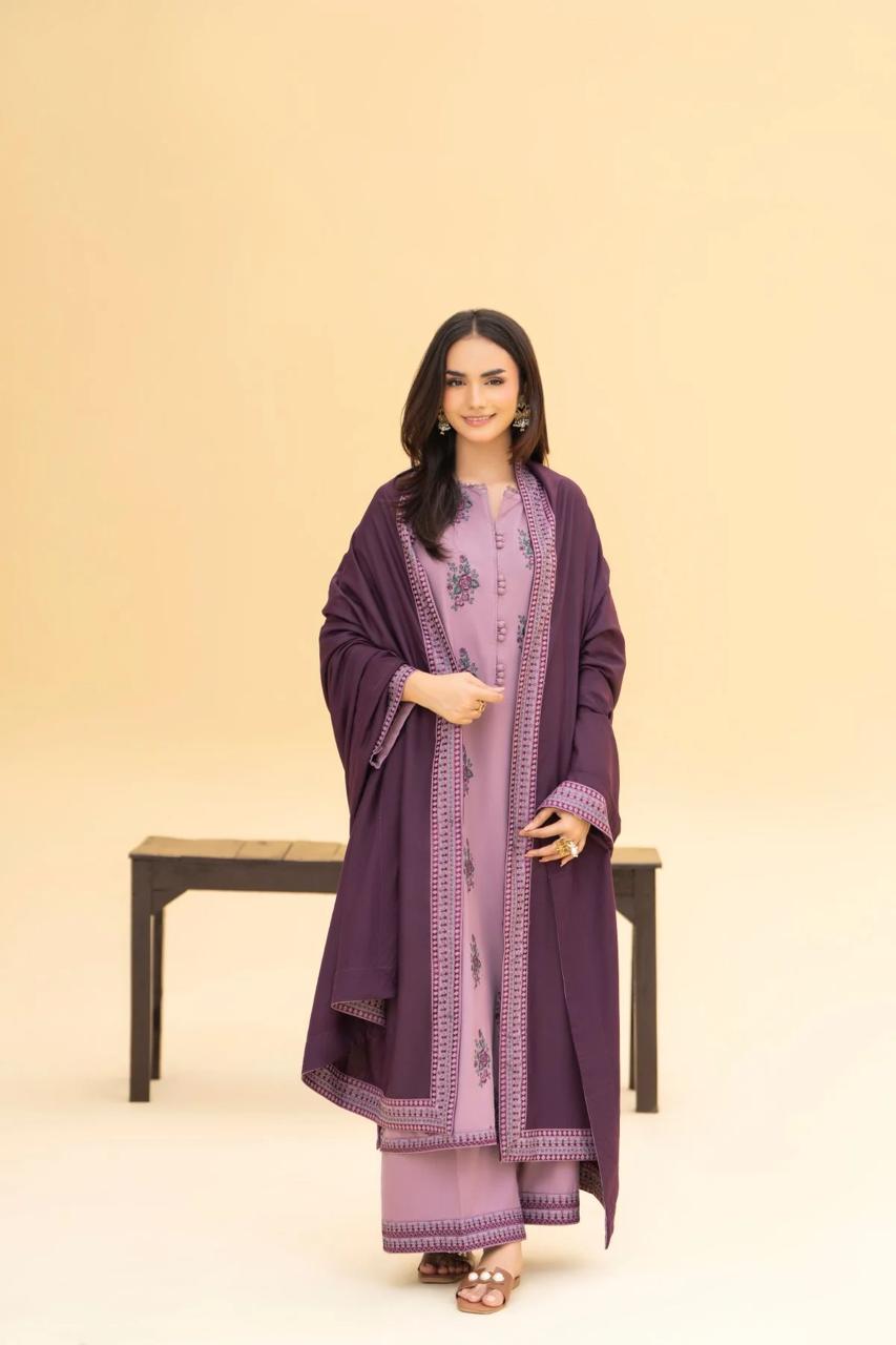 Izel - 3PC Dhanak Embroidered Suit with Embroidered Shawl and Embroidered Trouser