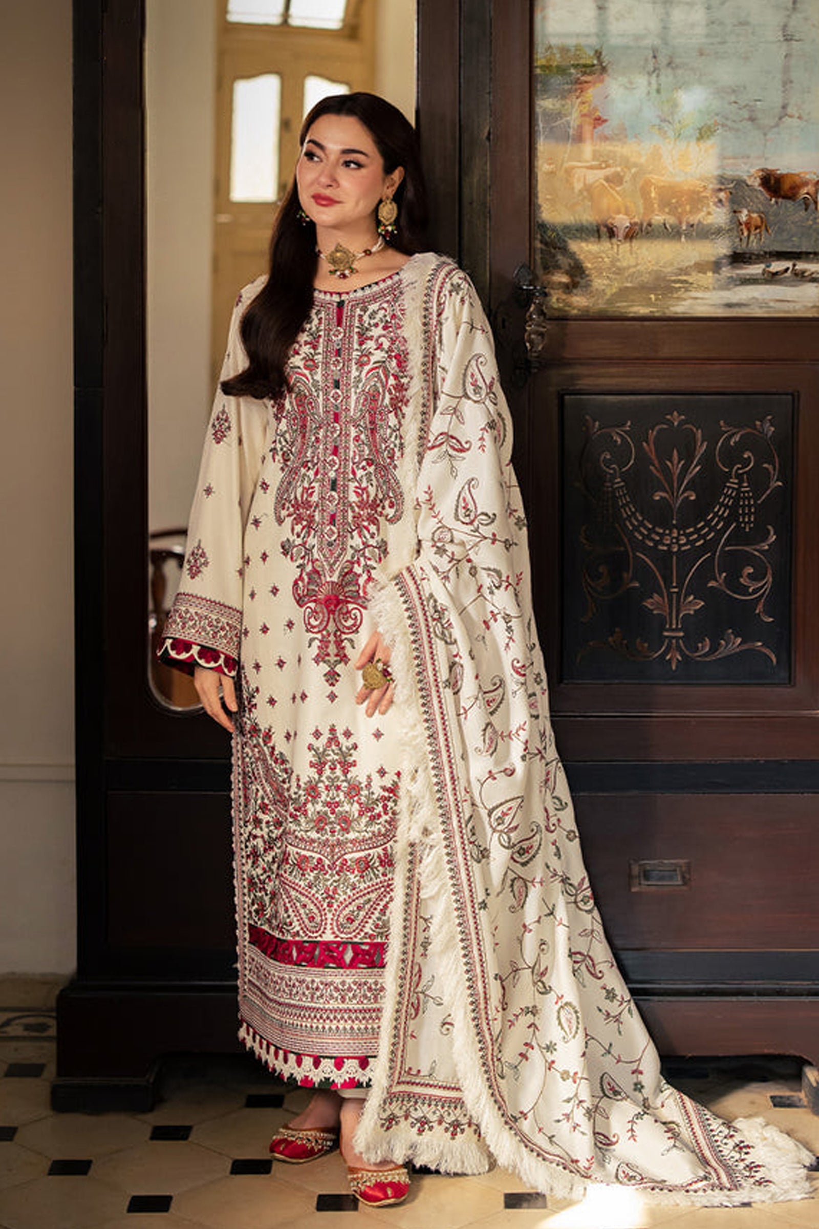 Asim Jofa-3pc Dhanak Sequence Embroidered Shirt With Dhanak Embroidered Shawl And Dhanak Trouser-Adr-4060