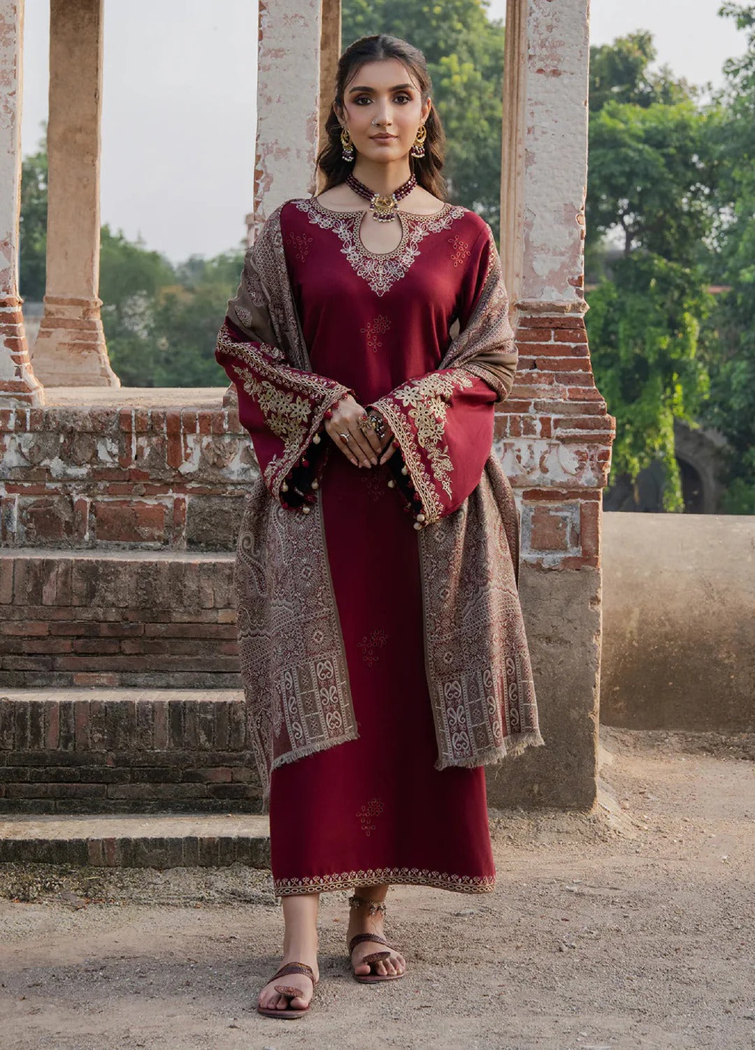 Izel - 3pc Dhanak Embroidered Suit with Dhanak Printed Shawl