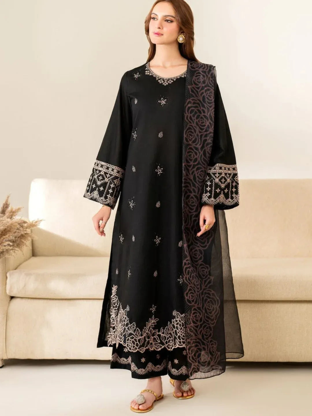 Classic Black 3PC: Embroidered Lawn Shirt & Trouser with Voil Dupatta ABS 054