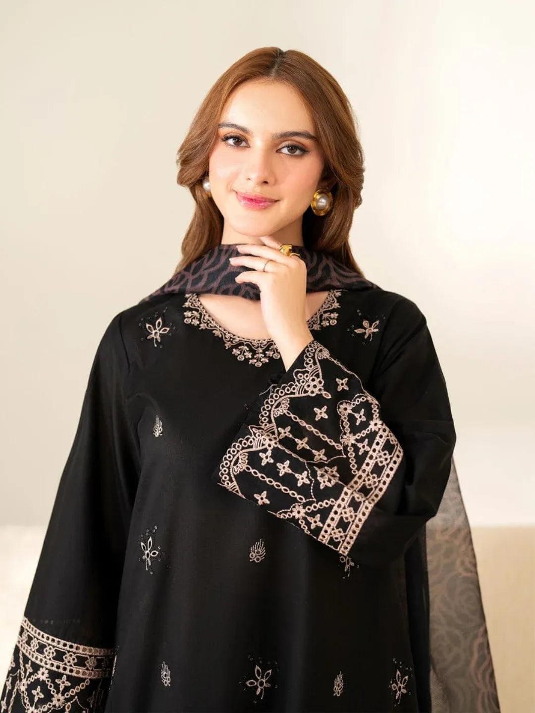 Classic Black 3PC: Embroidered Lawn Shirt & Trouser with Voil Dupatta ABS 054