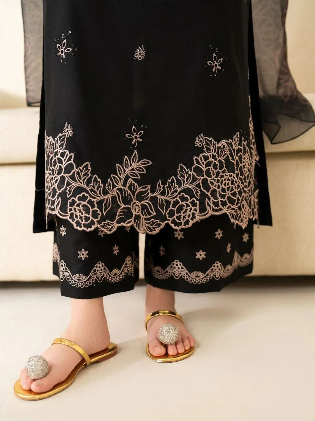Classic Black 3PC: Embroidered Lawn Shirt & Trouser with Voil Dupatta ABS 054