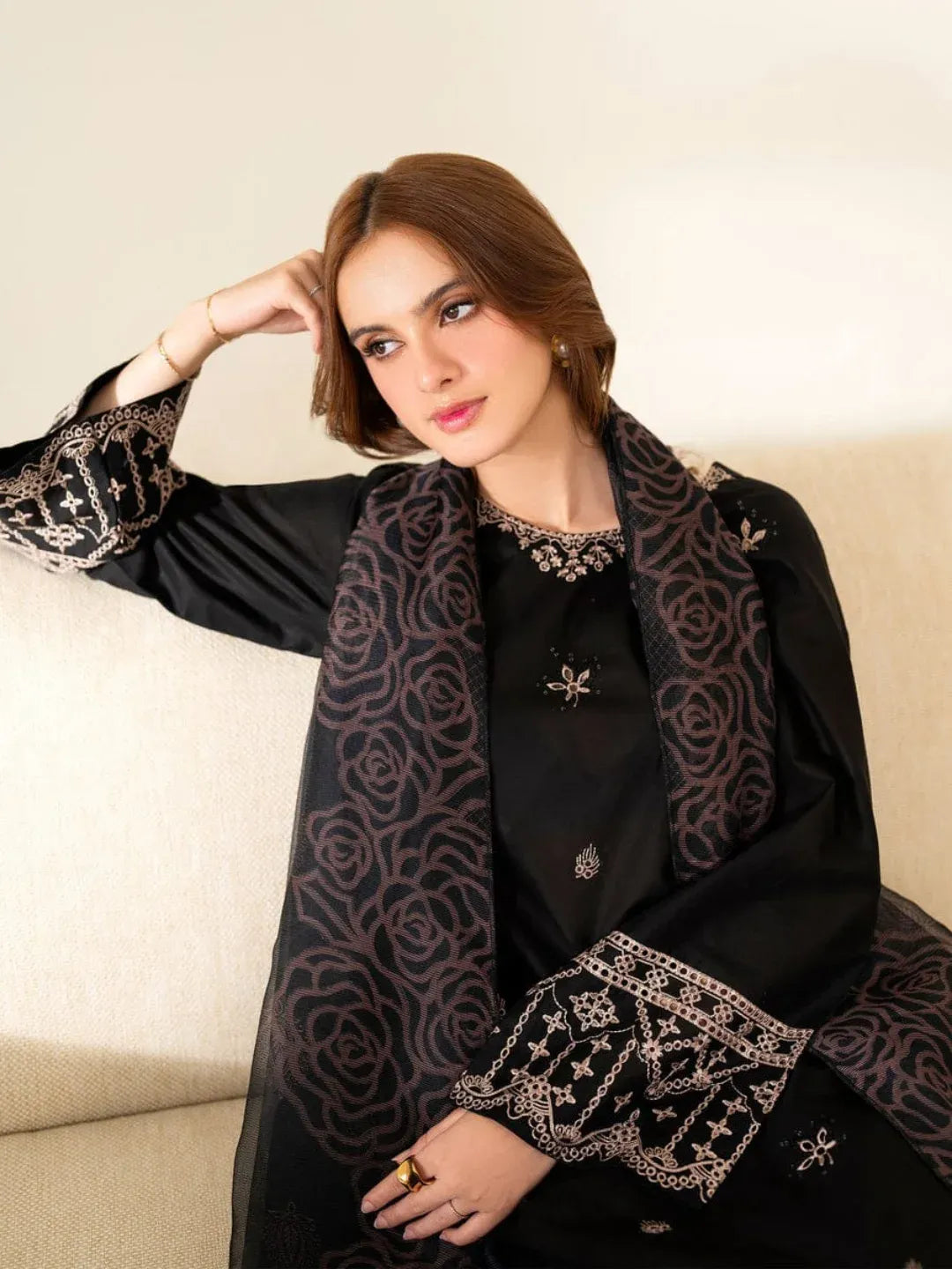 Classic Black 3PC: Embroidered Lawn Shirt & Trouser with Voil Dupatta ABS 054