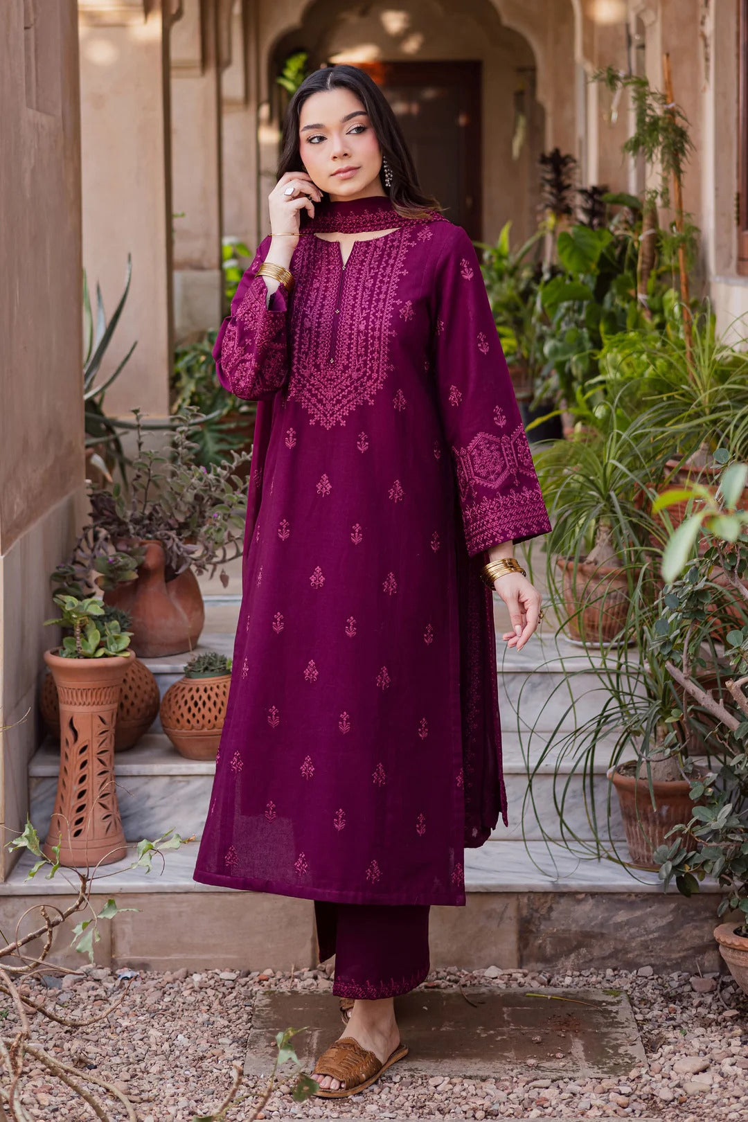 Embroidered Lawn Shirt with Chiffon Dupatta and Embroidered Trousers - BATIK-3PC - AM 013