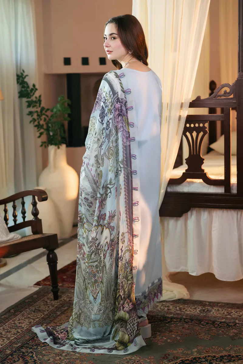 JADE - 3PC Unstitched LAWN EMBROIDERED SHIRT WITH Digital Print Shawl AND Dyed TROUSER -  ABS 025