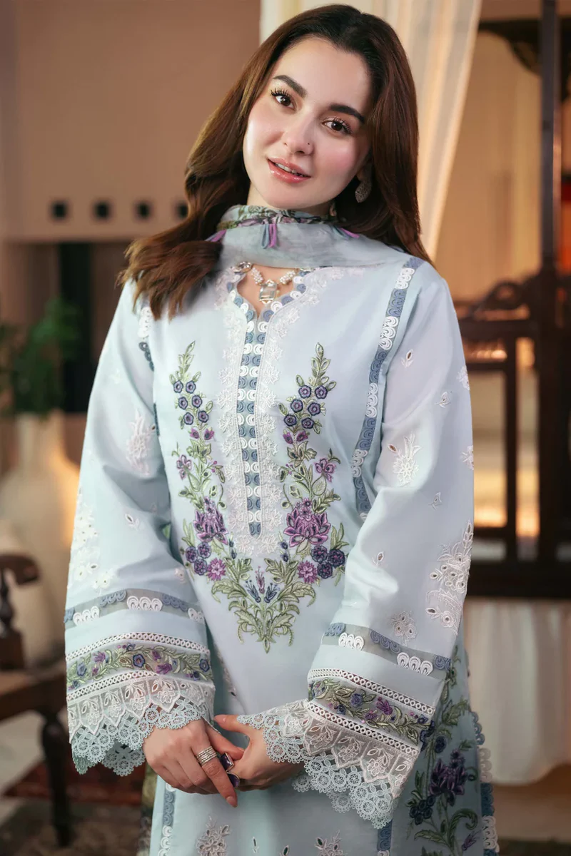 JADE - 3PC Unstitched LAWN EMBROIDERED SHIRT WITH Digital Print Shawl AND Dyed TROUSER -  ABS 025