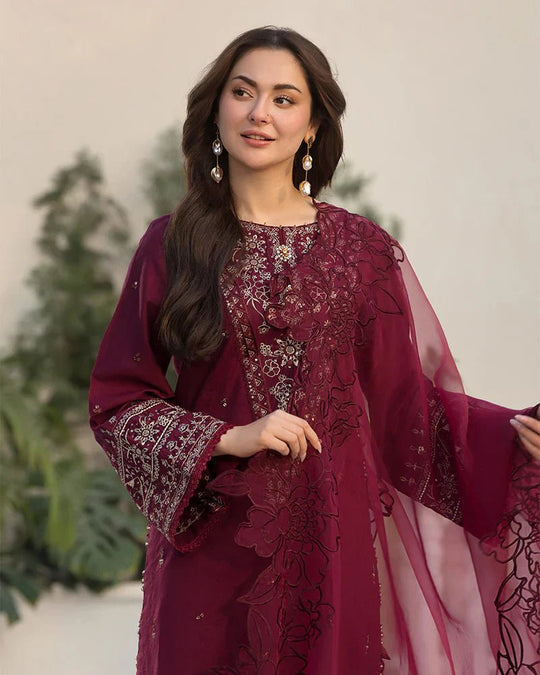 Lawn-3PC Embroidered Shirt with Organza Embroidered Dupatta- ABS 028